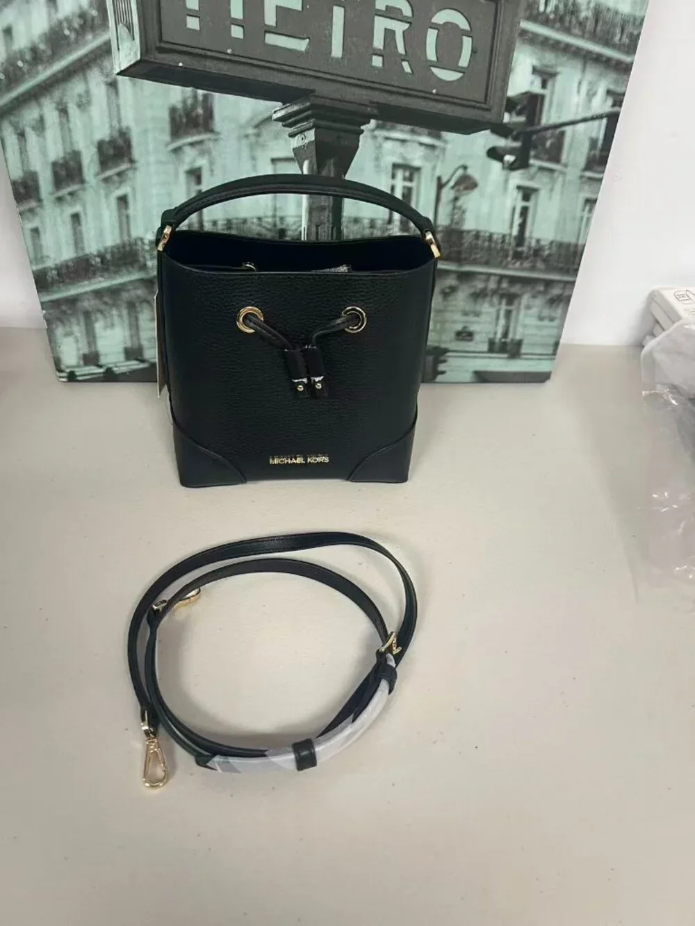 MK Mercer Small Bucket Bag 35R3GM9M1L Black Pebbled Leather Adjustable Crossbody